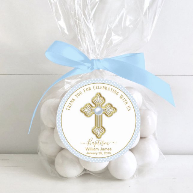Baby Blue Gold Boy Baptism Classic Round Sticker (Boy baptism favor stickers with pretty gold cross on a baby blue polka dot background. )