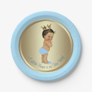 Baby Blue Gold Ethnic Hispanic Prince Baby Shower Paper Plate