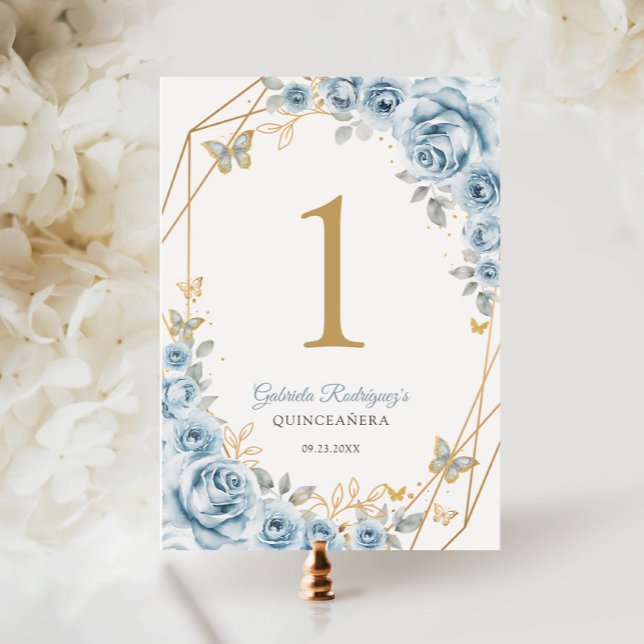 Baby Blue Gold Floral Quinceanera Table Number (Creator Uploaded)