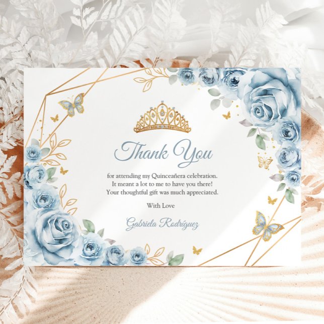 Baby Blue Gold Floral Quinceanera Thank You Card (Creator Uploaded)