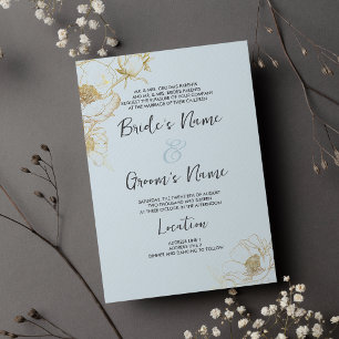 Baby blue gold glitter peony floral Wedding Invitation