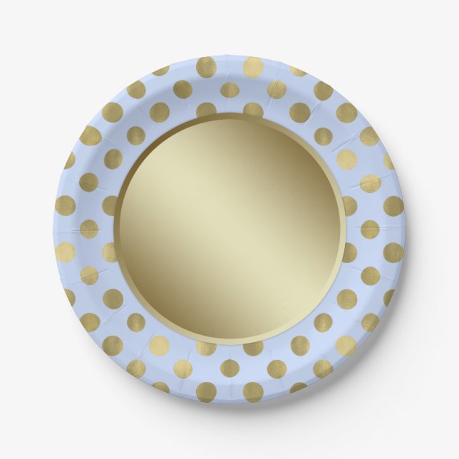 Baby Blue Gold Polka Dot Birthday Party Paper Plate (Front)