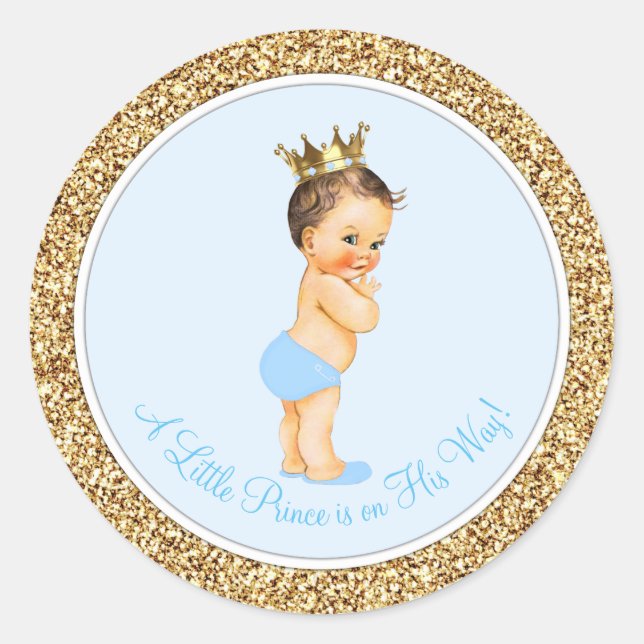 Baby Blue Gold Prince Baby Shower Classic Round Sticker (Front)