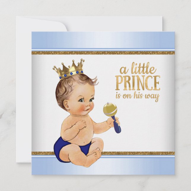 Baby Blue Gold Prince Baby Shower Invitation (Front)