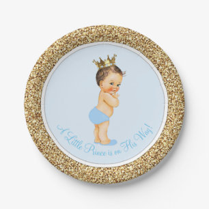 Baby Blue Gold Prince Baby Shower Paper Plate