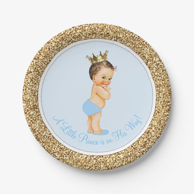 Baby Blue Gold Prince Baby Shower Paper Plate (Front)