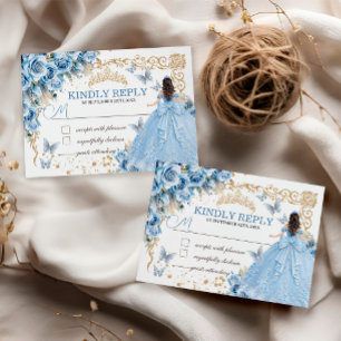 Baby Blue Gold Princess Quinceañera RSVP Card