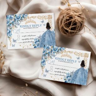 Baby Blue Gold Quinceañera Princess Butterfly RSVP Card