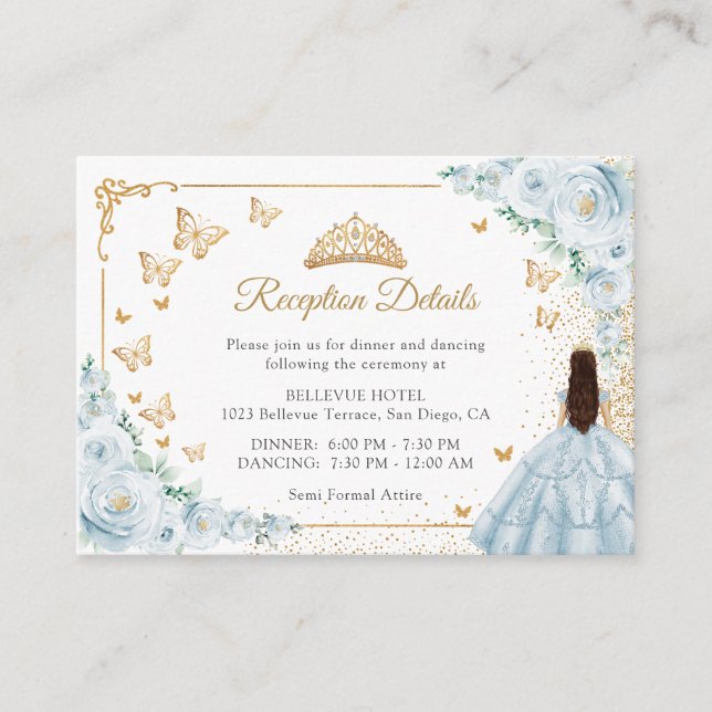 Baby Blue Gold Quinceanera Reception Details Enclosure Card (Front)