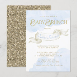 Baby Blue Gold Watercolor Boy Baby Shower Brunch Invitation