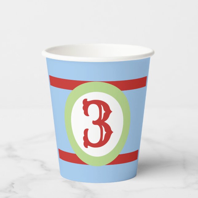 Baby Blue Green and Red Custom Birthday Number Pap Paper Cups (Front)