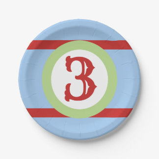 Baby Blue Green and Red Custom Number Birthday Paper Plate
