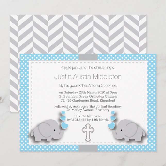 Baby Blue & Grey Elephant 🐘 Baby - Christening Invitation (Front/Back)