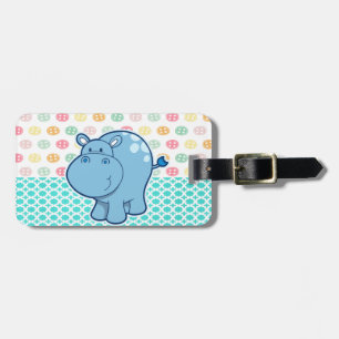 Baby blue hippo on colourful buttons background luggage tag