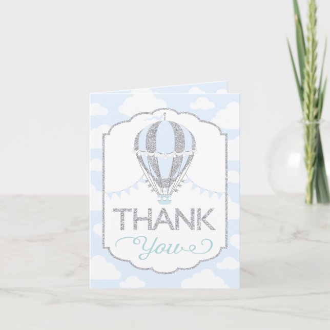 Baby Blue Hot Air Balloon Silver Glitter Thank You (Front)