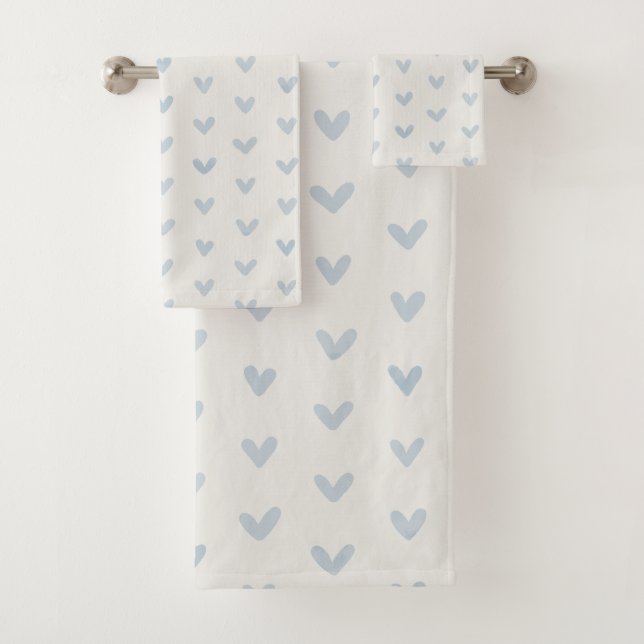 Baby Blue Love Hearts Pattern on Offwhite Bath Towel Set (Insitu)