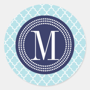 Baby Blue Moroccan Tiles Lattice Personalized Classic Round Sticker