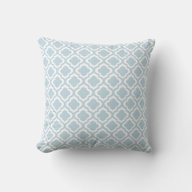 Baby Blue Moroccan Trellis Quatrefoil Clover Throw Pillow (Front)