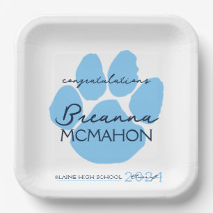 Baby Blue & Navy Personalized Graduation Paw Paper Plate