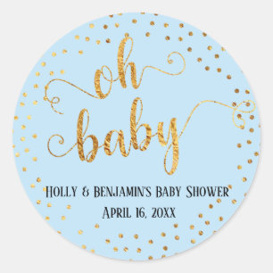 Baby Blue "Oh Baby" Faux Gold Foil Confetti Classic Round Sticker