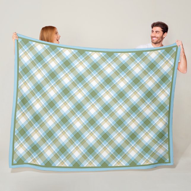 Baby Blue Olive Green Retro Tartan Plaid Pattern Fleece Blanket (In Situ)
