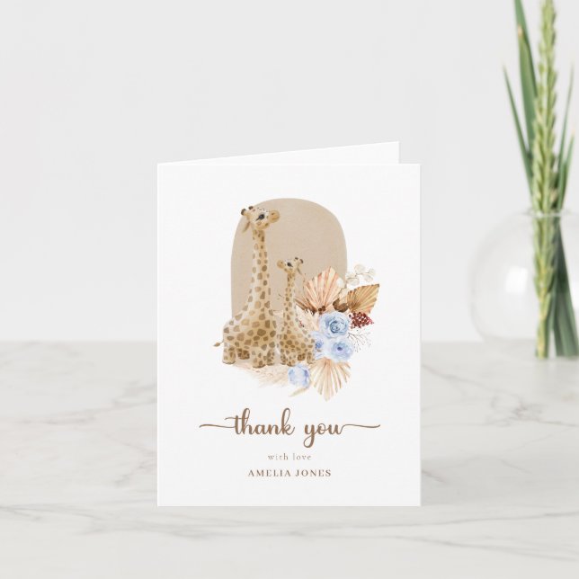 Baby Blue Pampas Grass Giraffe Baby Shower   Thank You Card (Front)