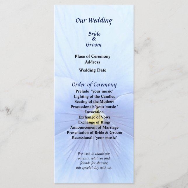 Baby Blue Pansy Wedding Program (Front)