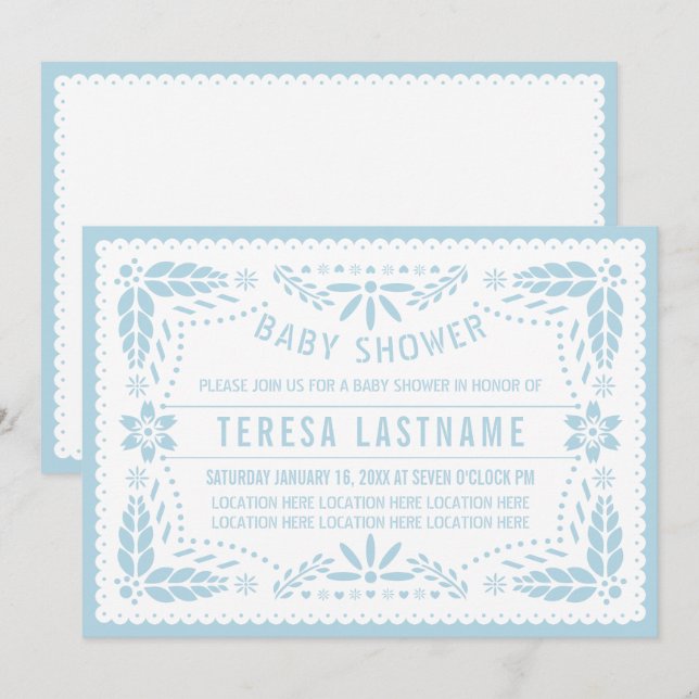 Baby blue papel picado Mexican baby boy shower Invitation (Front/Back)