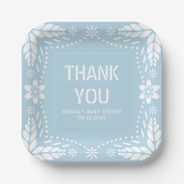 Baby blue papel picado Thank You Baby Girl Shower Paper Plate (Front)