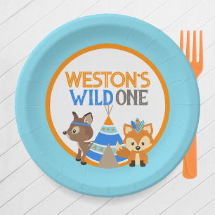 Baby Blue Personalized Woodland Camper Birthday Paper Plate