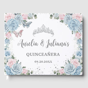 Baby Blue Pink Floral Butterflies Twin Quinceañera Guest Book