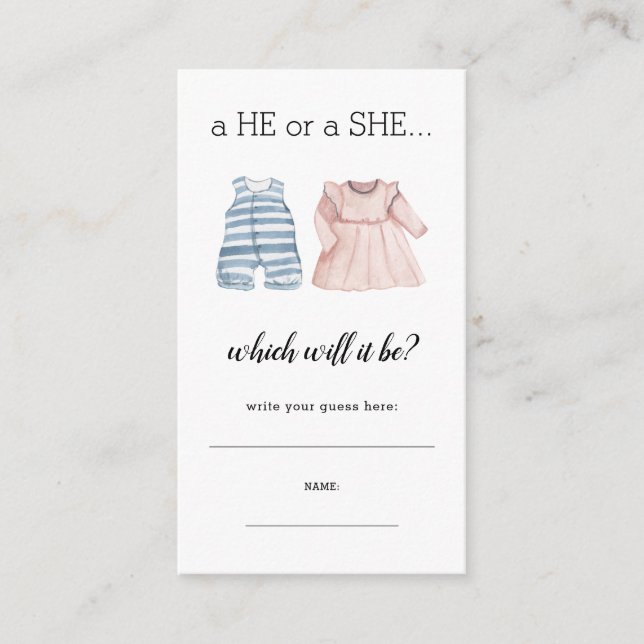 Baby Blue Pink He She Write Guess Gender Reveal Enclosure Card (Front)