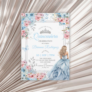 Baby Blue Pink Silver Floral Butterfly Quinceañera Invitation