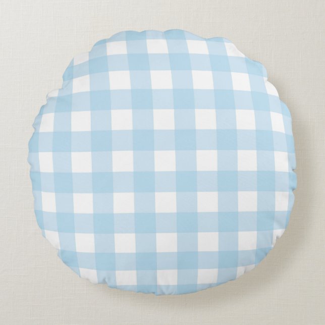 Baby Blue Plaid Round Pillow (Front)