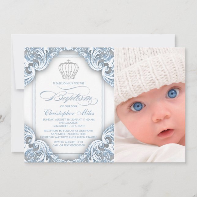 Baby Blue Prince Crown Baptism Invitations (Front)