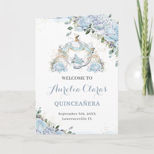 Baby Blue Princess Quinceañera Order of Event Program (Front)