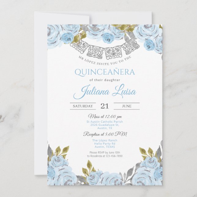 Baby Blue Quince, Light Blue Mexican Quinceanera Invitation (Front)