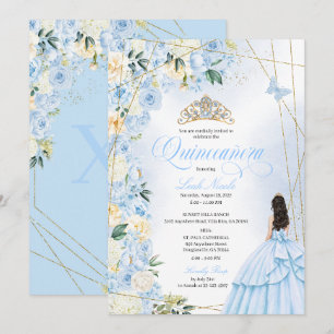 Baby Blue Quinceañera and Gold Glitter Sweet 15 Invitation