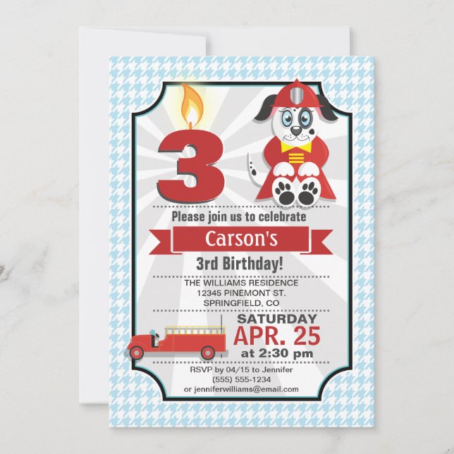 Baby Blue & Red Firefighter, Kid's Birthday Party Invitation (Front)