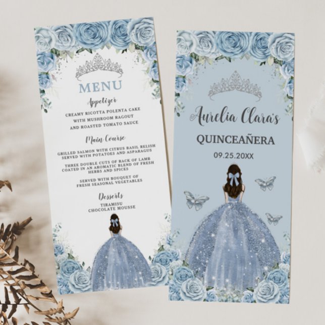Baby Blue Roses Floral Princess Quinceañera Menu (Créateur téléchargé)