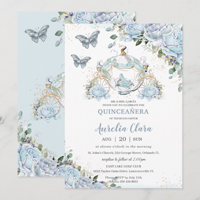 Baby Blue Roses Princess Cinderella Quinceañera Invitation (Front/Back)