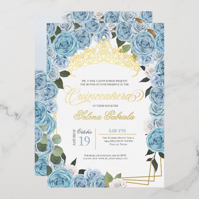 Baby Blue Roses Princess Quinceanera Real Gold (Front/Back)