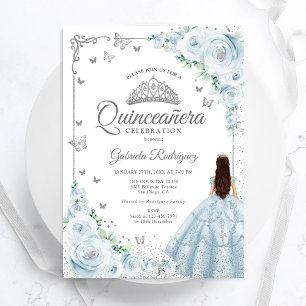 Baby Blue Roses Silver Floral Quinceanera Invitation