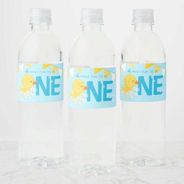 Baby Blue Rubber Duck 1st ONE Birthday Water Bottle Label (Bottles)