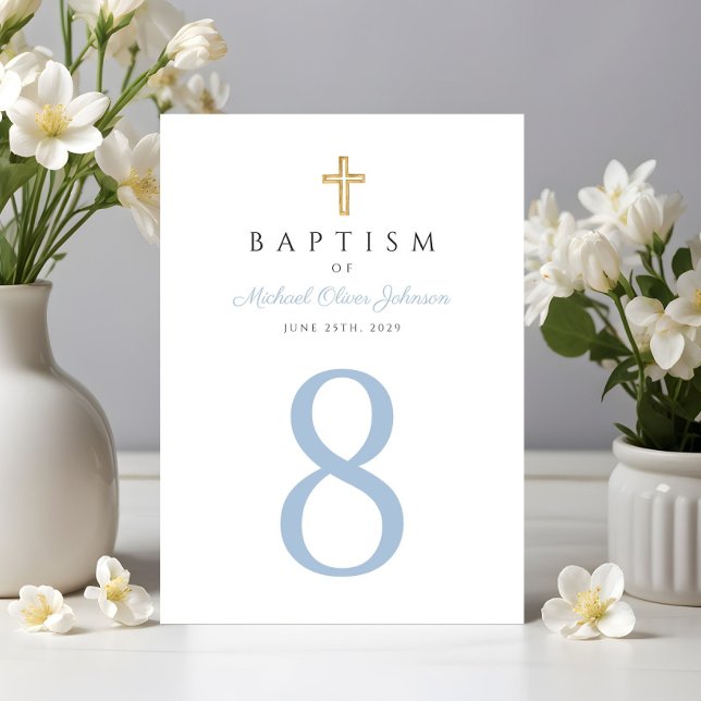 Baby Blue Script Religious Cross Boy Baptism Table Number (Baby Blue Script Religious Cross Boy Baptism Table Number)