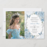 Baby Blue Silver Butterfly Sweet 16 Birthday Photo