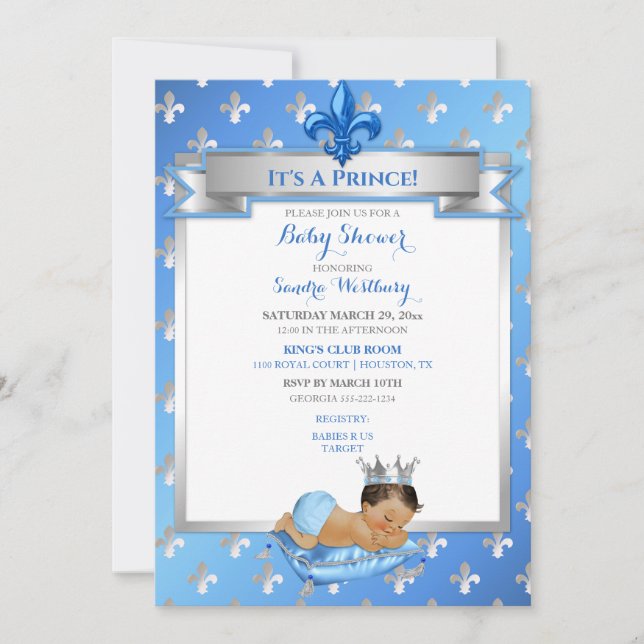 Baby Blue & Silver Fleur de Lis Ethnic Prince Invitation (Front)