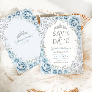 Baby Blue Silver Floral Quinceanera Save The Date