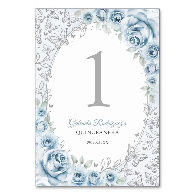 Baby Blue Silver Floral Quinceanera Table Number (Front)
