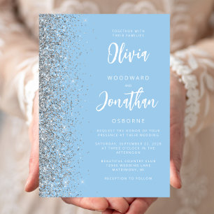 Baby Blue Silver Glitter Calligraphy Wedding Invitation